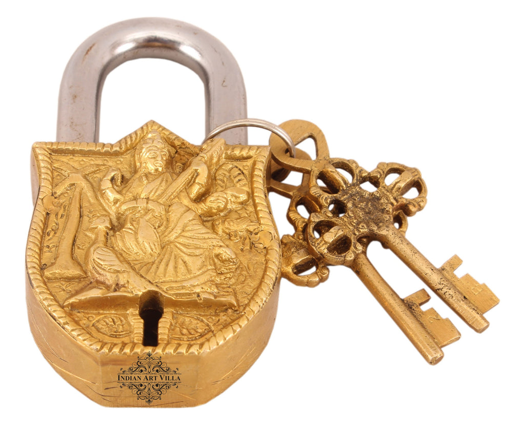 Indian Art Villa Pure Brass Saraswati Ji Design Big Lock with 2 Keys