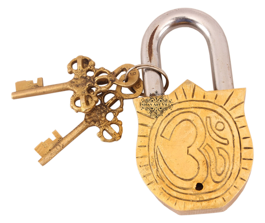 Indian Art Villa Pure Brass Saraswati Ji Design Big Lock with 2 Keys