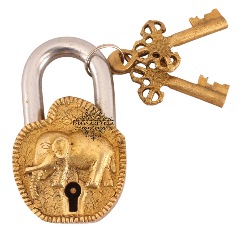 Indian Art Villa Pure Brass Elephant Design Lock with 2 Keys