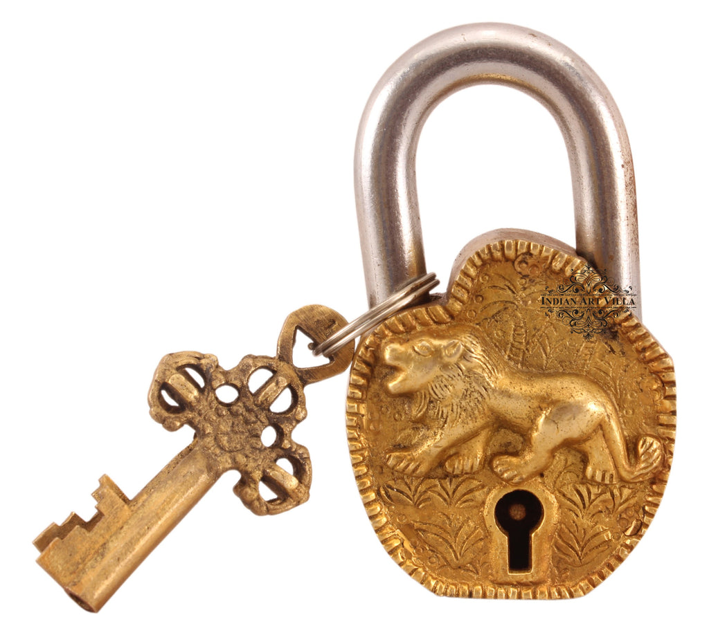 Indian Art Villa Pure Brass Lion Design Lock with 2 Keys