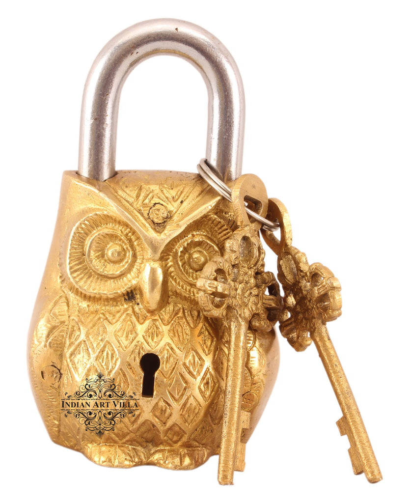 Indian Art Villa Pure Brass Owl Design Lock with 2 Keys