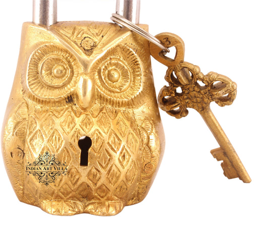 Brass owl design lock close-up — Indian Art Villa