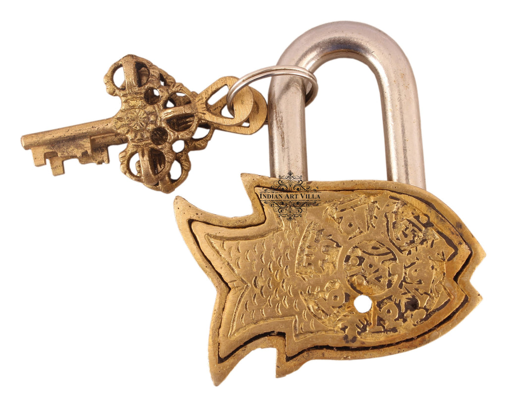 Indian Art Villa Pure Brass Small Fish Shape Design Lock with 2 Keys