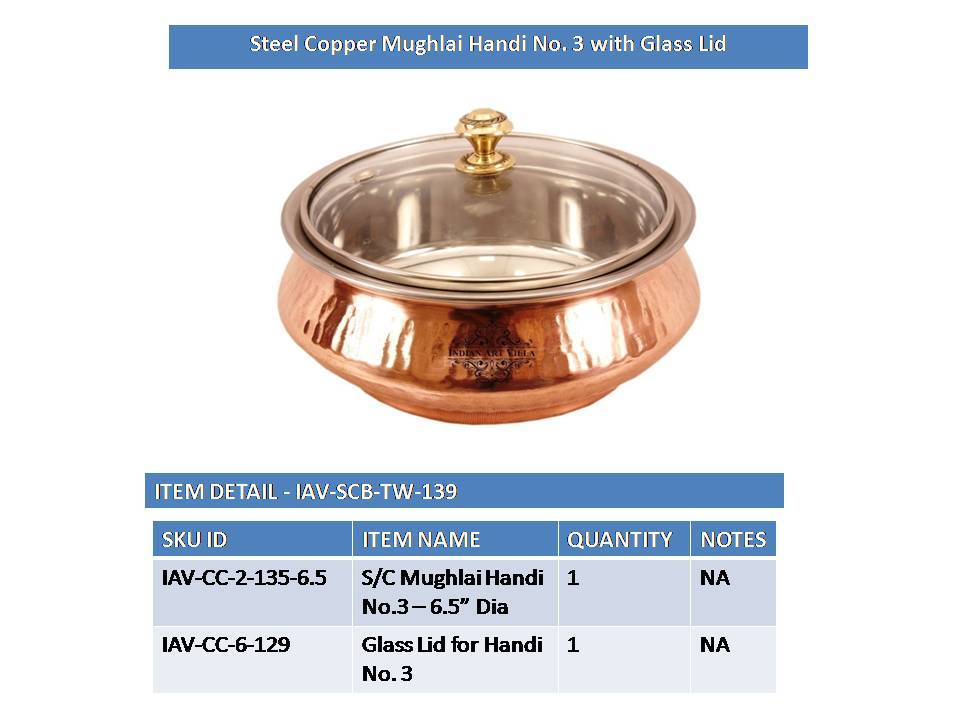 INDIAN ART VILLA Steel Copper Handmade Handi with Glass Lid - 525 ML