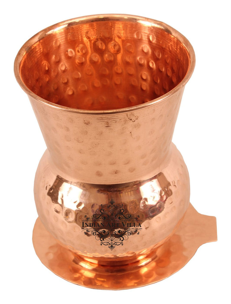 Indian Art Villa Copper Hammered Design Mathat Glass Tumbler with Coaster 350 ML