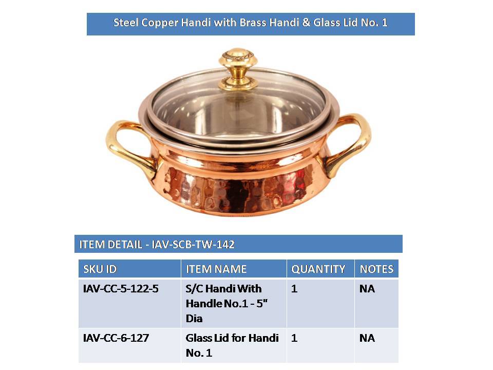 INDIAN ART VILLA Steel Copper Handi with Glass Lid & Brass Handle