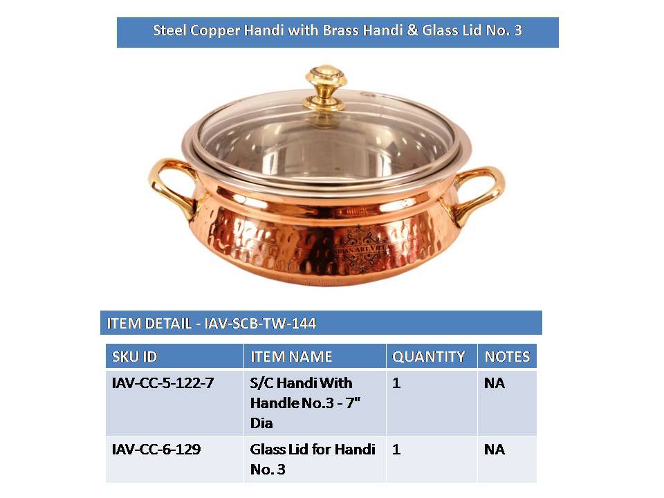 INDIAN ART VILLA Steel Copper Handi with Glass Lid & Brass Handle