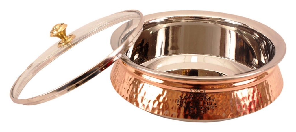 INDIAN ART VIILA Steel Copper Hammered Design Induction Handi with Glass Lid - 2000 ml