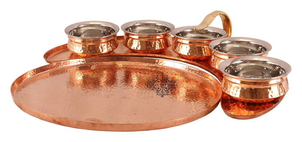 INDIAN ART VILLA Copper Maharaja Style Full Moon Tray Plate with 5 Serving Sauce Pots