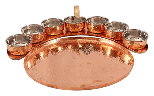 Pure Copper Maharaja Style Full Moon Tray Plate with 7 Hammered Serving Bowl