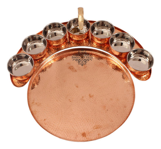 Pure Copper Maharaja Style Full Moon Tray Plate with 7 Hammered Serving Bowl