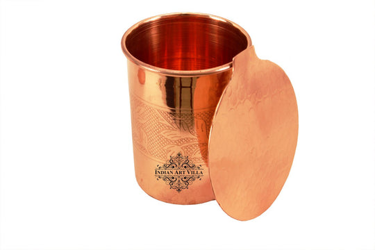 Pure Copper Embossed Design Glass Tumbler with Coaster 300 ML