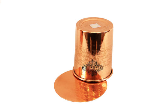 Copper embossed glass tumbler with coaster 300 ML side view — Indian Art Villa