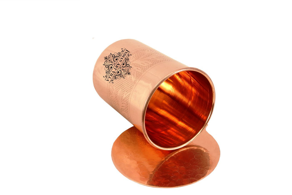 Indian Art Villa Pure Copper Embossed Design Glass Tumbler with Coaster 300 ML