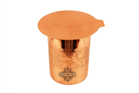 Pure copper embossed design glass tumbler with coaster 300 ML full view — Indian Art Villa