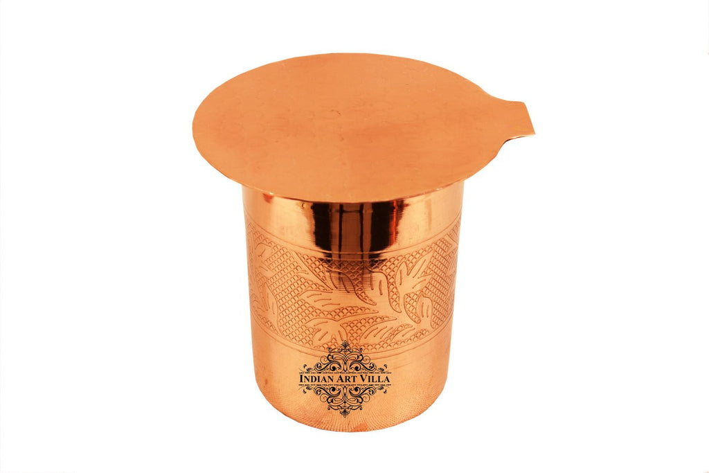 Indian Art Villa Pure Copper Embossed Design Glass Tumbler with Coaster 300 ML
