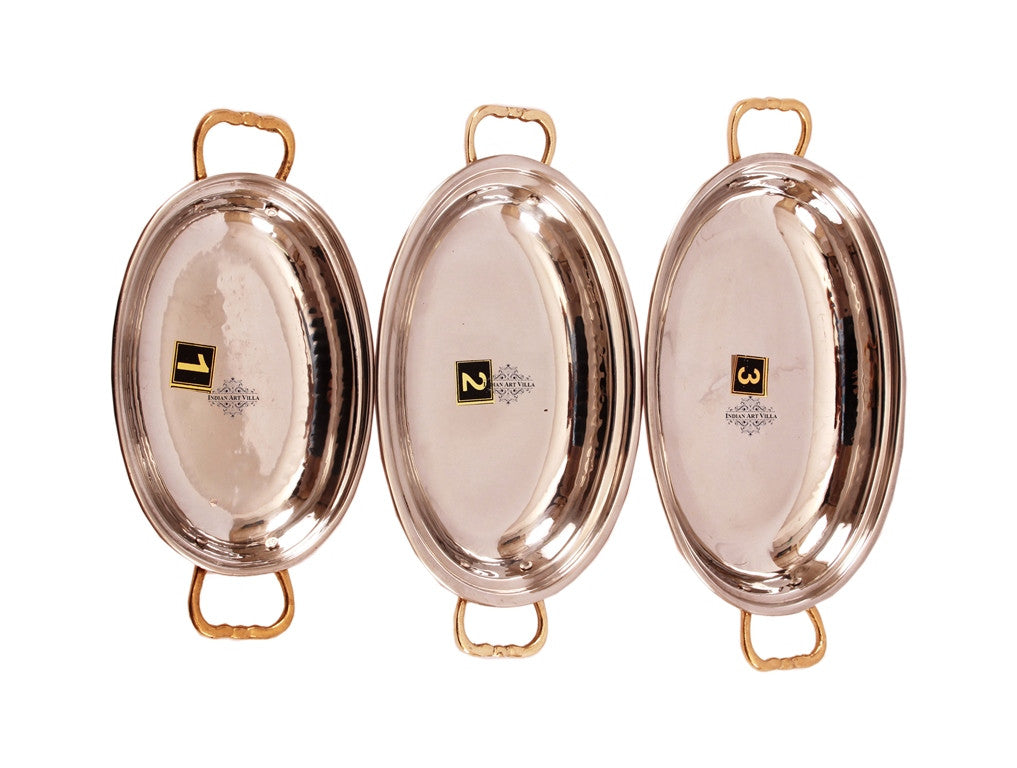 Steel Copper Set of Oval Serving Platter Plate with Brass Handle