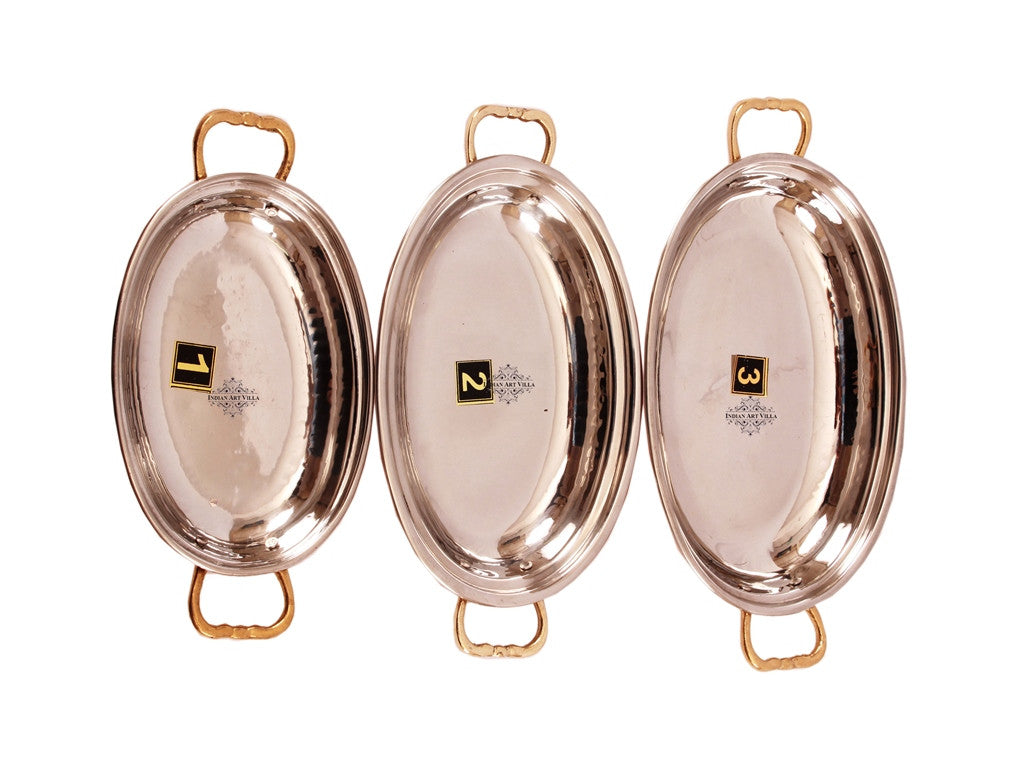 Steel Copper Set of 3 Oval Serving Platter Plate with Brass Handle