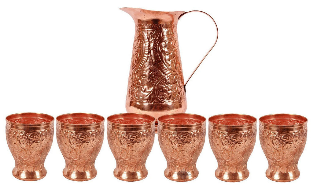 Indian Art Villa Pure Copper Handmade Floral Design Jug Pitcher 1300 ML with 6 Glass Tumbler 350 ML (7 Pieces)