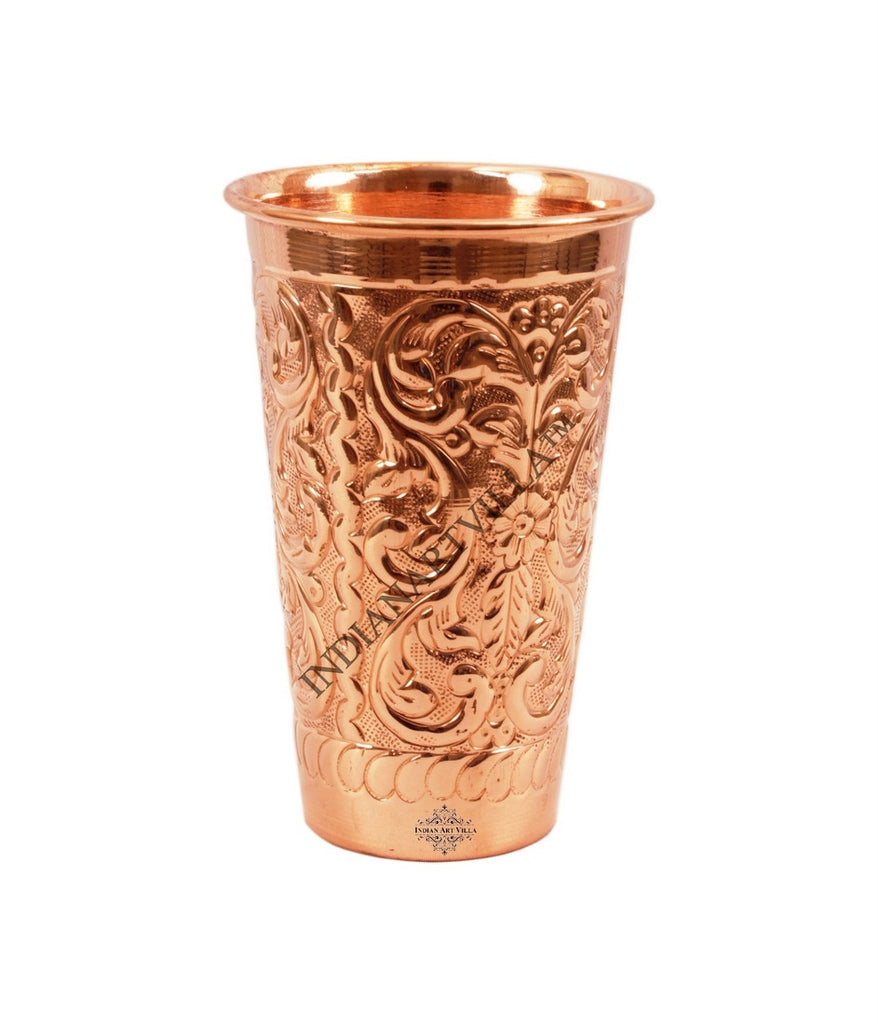 Indian Art Villa Pure Copper Tumbler Glass Cup, Designer storing water 525 ML, Brown