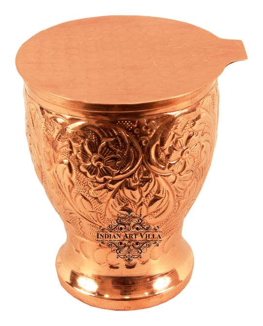 Copper handmade engraved flower design glass with coaster 350 ML front view — Indian Art Villa