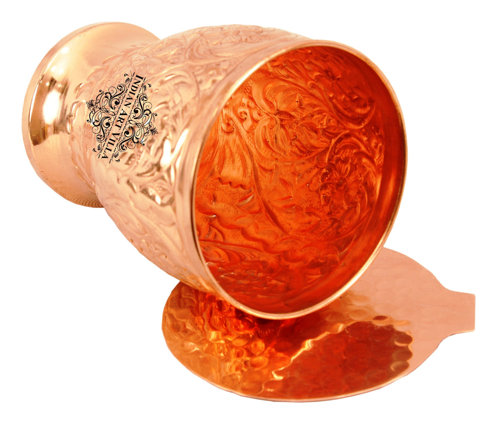 Indian Art Villa Copper Handmade Engraved Flower Design Glass with Coaster 350 ML