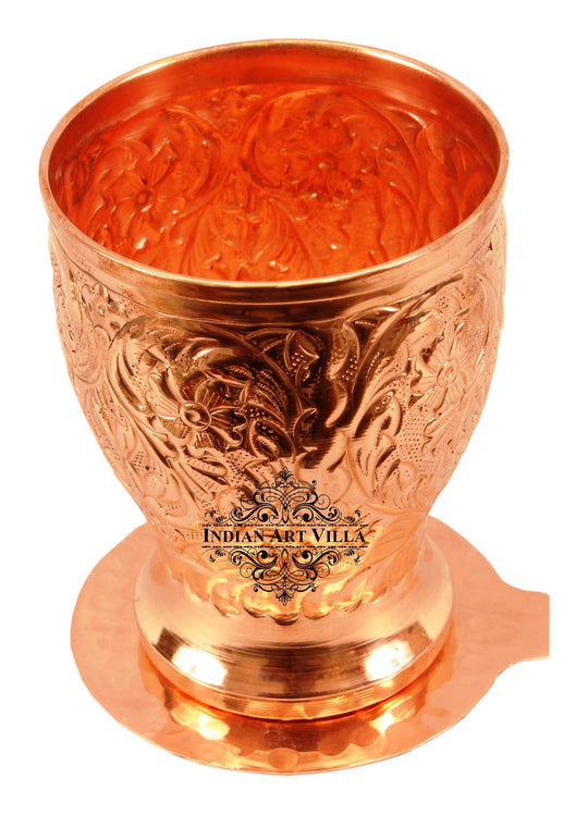 Pure copper flower design glass coaster top view — Indian Art Villa