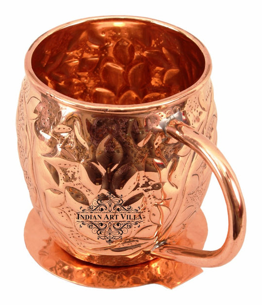 Pure Copper Flower Design Round Shape Beer Mug Cup with Coaster, 450ml