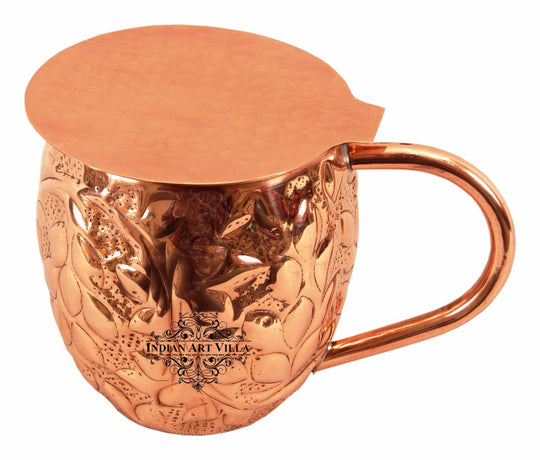 Pure Copper Flower Design Round Shape Beer Mug Cup with Coaster, 450ml