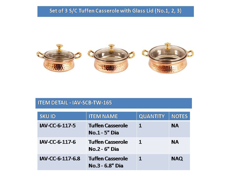 Indian Art Villa Steel Copper Set of 3 Casserole Donga with Glass Lid