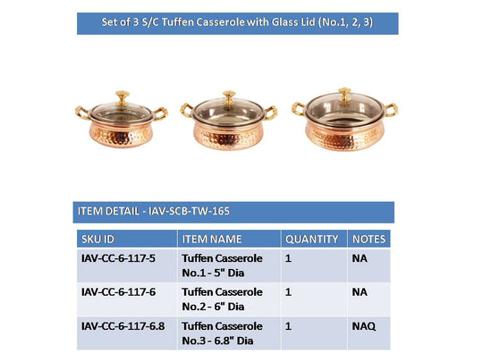 Steel Copper Set of 3 Casserole Donga with Glass Lid