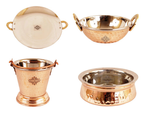 Steel Copper Handi|Kadai|Bucket & Tawa Serving Set
