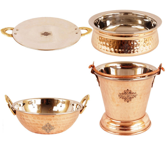 Handcrafted Pure Steel Copper Handi|Kadhai|Bucket &Tawa Serving Set