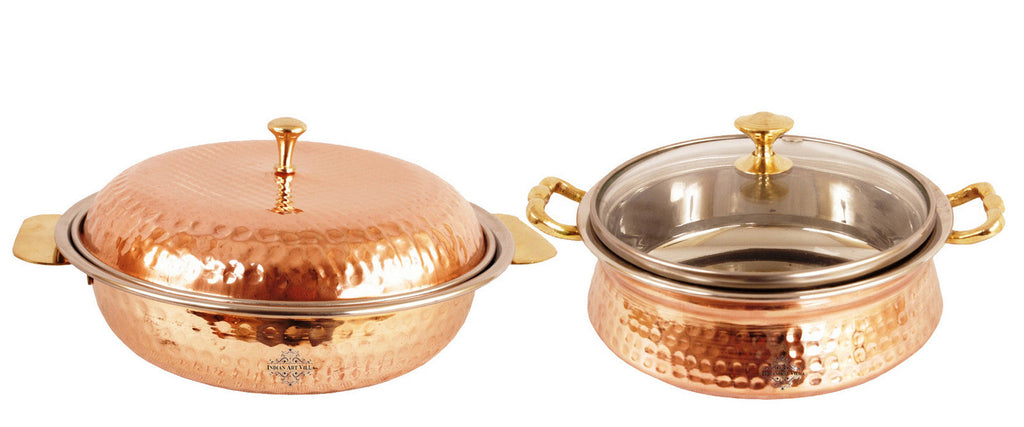 INDIAN ART VILLA Steel Copper Set of 1 Tuffen Casserole with 1 Donga