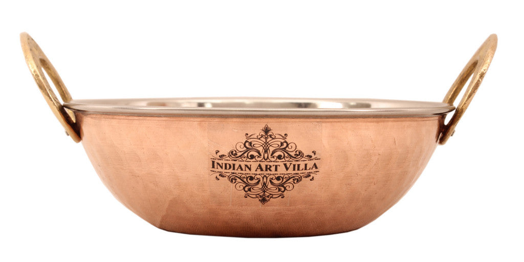 INDIAN ART VILLA Steel Copper Designer kadai Wok with Spoon