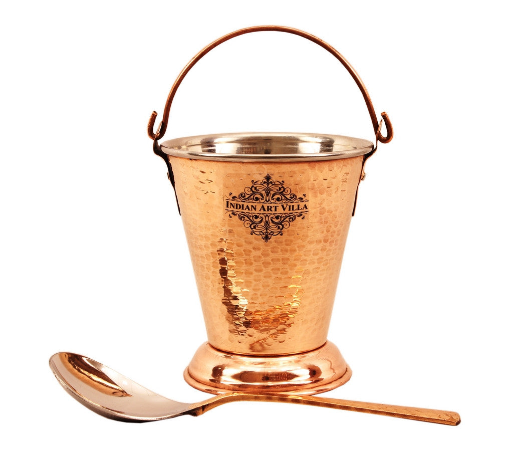 Indian Art Villa Steel Copper Bucket with 1 Spoon, Hammered Design