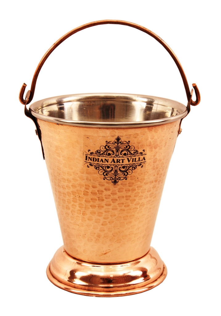 Indian Art Villa 2 Steel Copper Bucket - 300 ML each with 2 Spoon - Serving Indian Dal Vegetable, Curd - Home, Hotels, Restaurants, Tableware, Gift Item