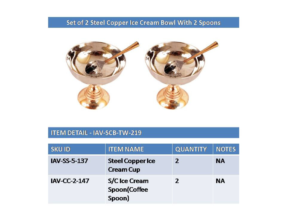 INDIAN ART VILLA Steel Copper Set of 2 Ice Cream Bowl With 2 Spoons
