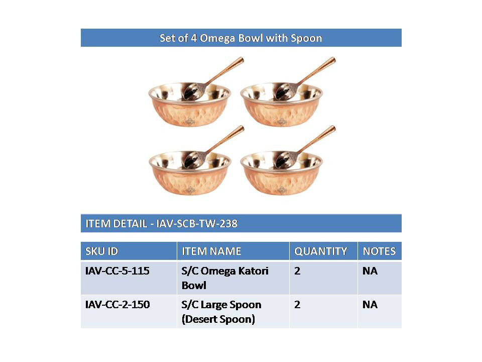 INDIAN ART VILLA Steel Copper Set of 4 Omega Bowl with 4 Spoon 100 ML