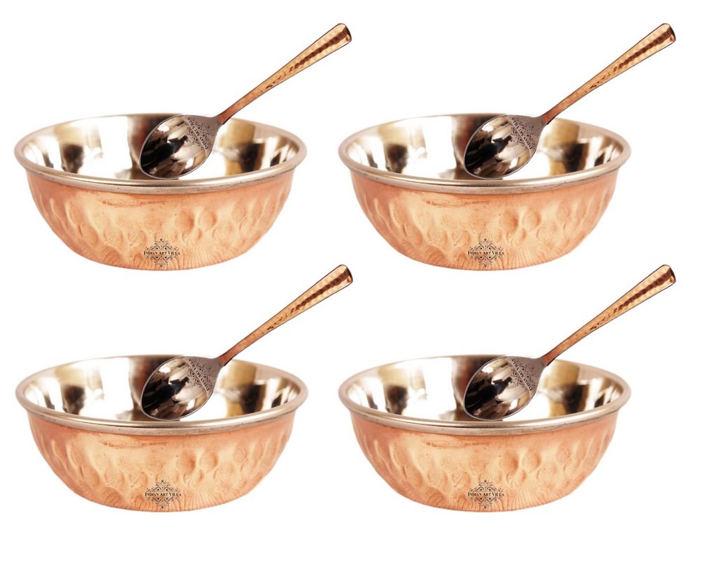 INDIAN ART VILLA Steel Copper Set of 4 Omega Bowl with 4 Spoon 100 ML