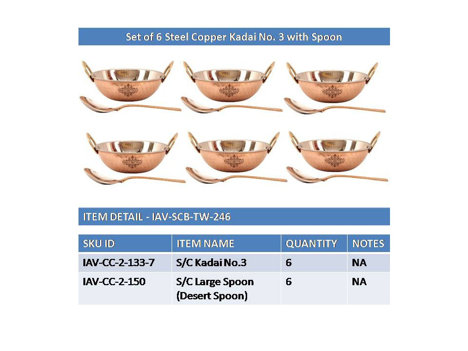 INDIAN ART VILLA Steel Copper Set of 6 Hammered Design Kadai Wok with Spoons