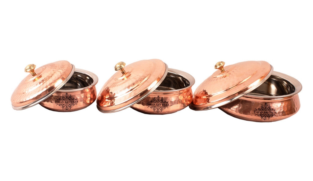 Steel Copper Set of 3 Serving Handi with Lid