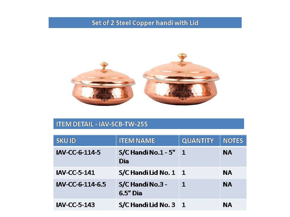 INDIAN ART VILLA Set of 2 Steel Copper handi with Lid