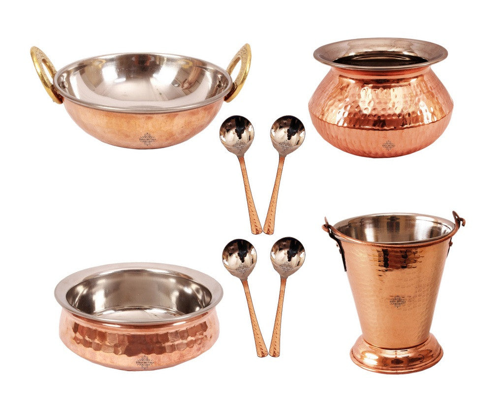 INDIAN ART VILLA Steel Copper Serving Set Bucket,Punjabi Handi,Kadai,Handi & 4 Spoons