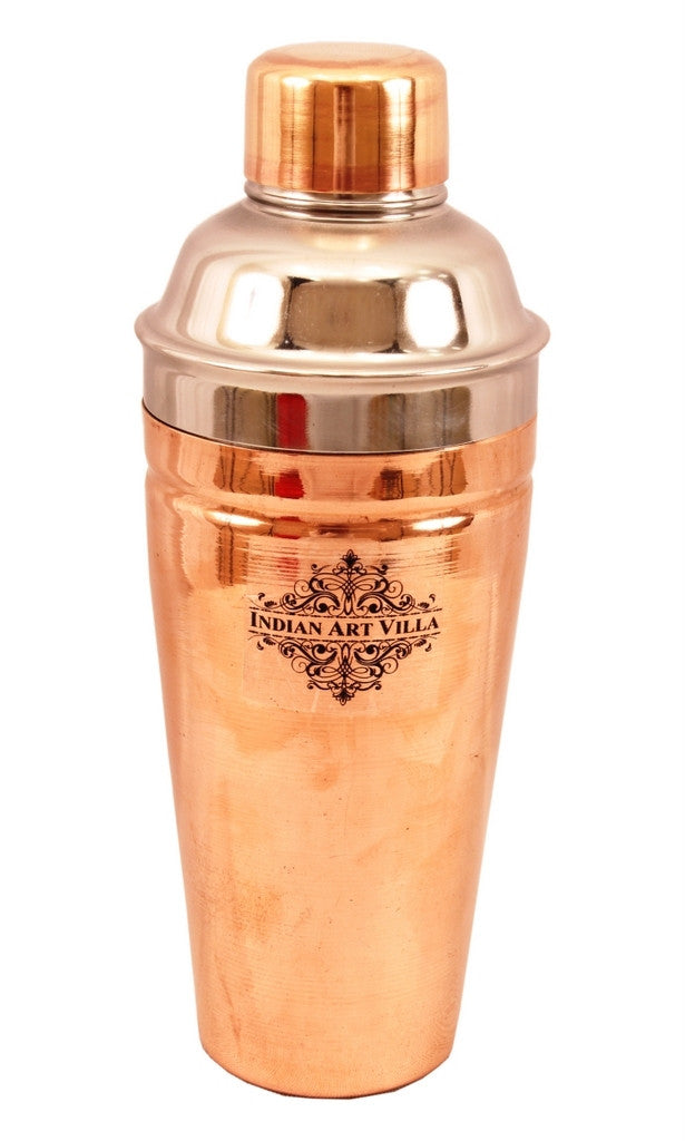 INDIAN ART VILLA 2 Copper Mug Cups with Steel Copper Wine Shaker & 1 Tray Platter, Hammered Design Barware set, 4 Pieces