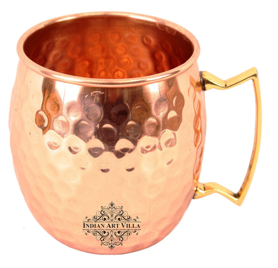 INDIAN ART VILLA 2 Copper Mug Cups with Steel Copper Wine Shaker & 1 Tray Platter, Hammered Design Barware set, 4 Pieces
