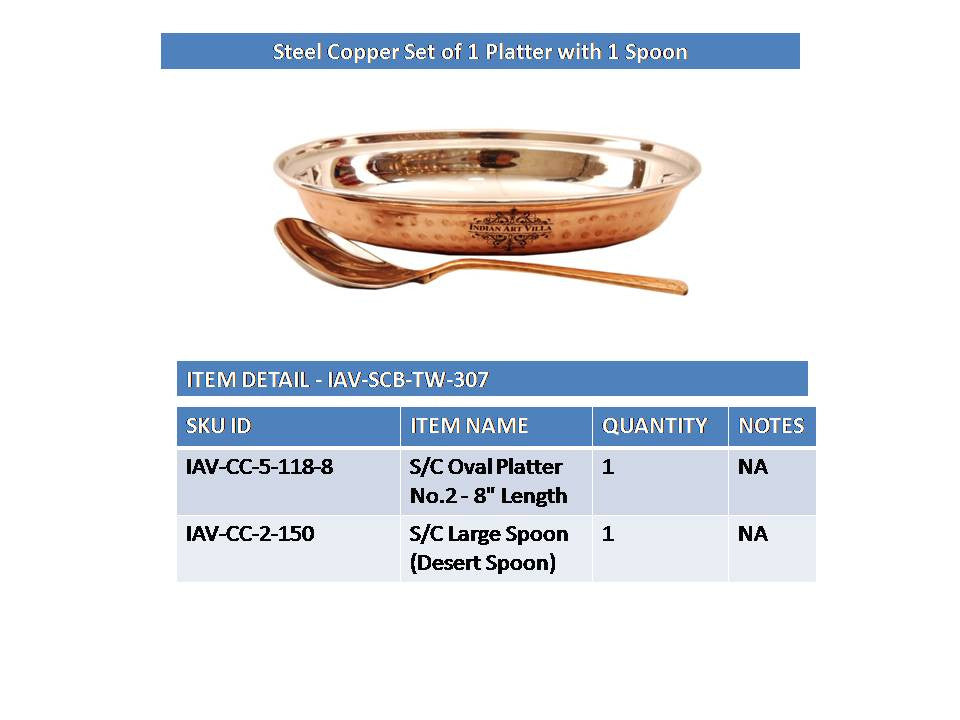 INDIAN ART VILLA Steel Copper Serving Set of 1 Platter with 1 Spoon