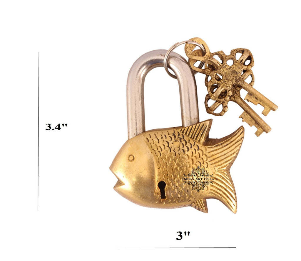 Indian Art Villa Pure Brass Small Fish Shape Design Lock with 2 Keys