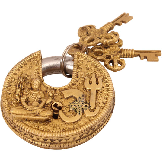 Pure brass Om design round lock with 2 keys full view — Indian Art Villa