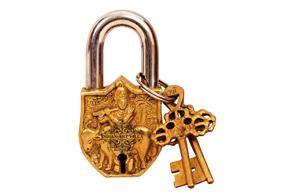 Indian Art Villa Pure Brass Handmade Krishna Ji Design Lock With 2 Keys
